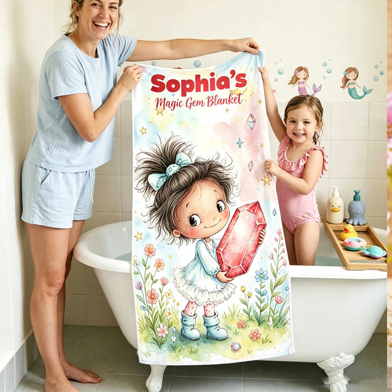 Personalized Cute Girl Holding Magic Birthstone Crystal In Pastel Fantasy Space Garden For Kids Beach Towel