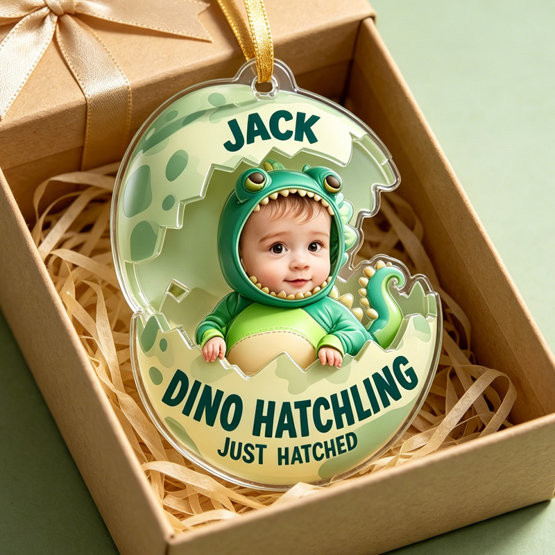 Personalized Dino Hatchling Baby In Cracked Dinosaur Egg With Jungle Background Cute Newborn Keepsake Holiday Ornaments