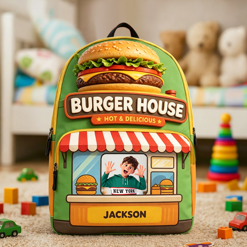 Personalized Custom Name Burger House Photo Insert Kids Backpack