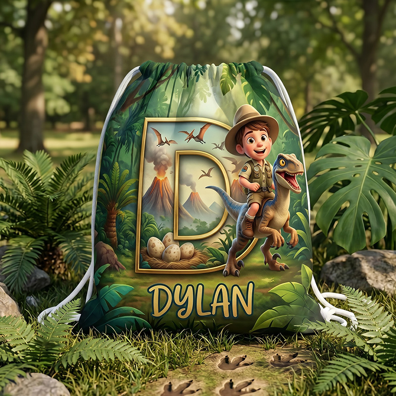 Personalized Jungle Explorer Adventure Kids Name Print Boys Girls Safari Backpack School Travel Drawstring Bag