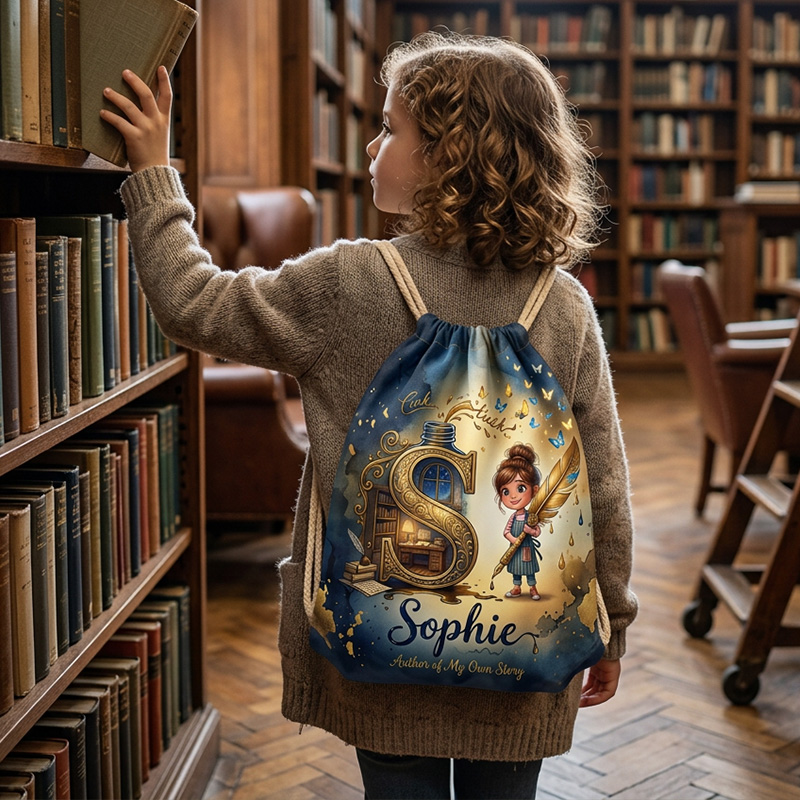 Personalized Magic Wizard Initial Name Print Kids Fantasy Spell Book Girl Boy School Library Drawstring Bag