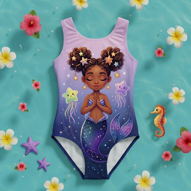 Personalized Mermaid Princess Ocean Coral Name Print Kids Pink Underwater Fantasy Beach Children's Swimsuit