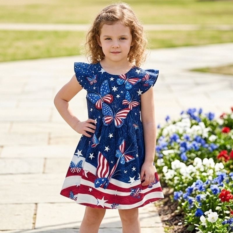 Personalized Patriotic Stars And Stripes USA Flag Print Girls Fourth Of July Red White Blue America 250th Anniversary Coquette Ruffle Dress