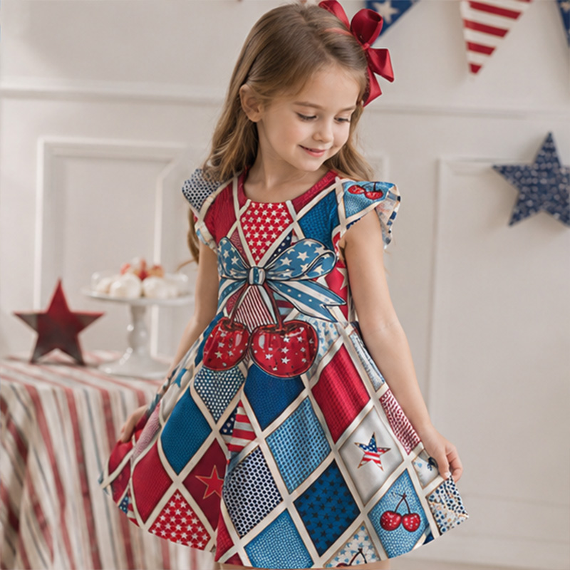 Personalized Patchwork Stars And Stripes USA Flag Red White Blue Plaid Girls Fourth Of July  America 250th Anniversary Coquette Ruffle Dress