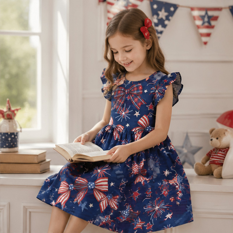 Personalized Patriotic Stars And Stripes USA Flag Print Girls Fourth Of July Red White Blue America 250th Anniversary Coquette Ruffle Dress