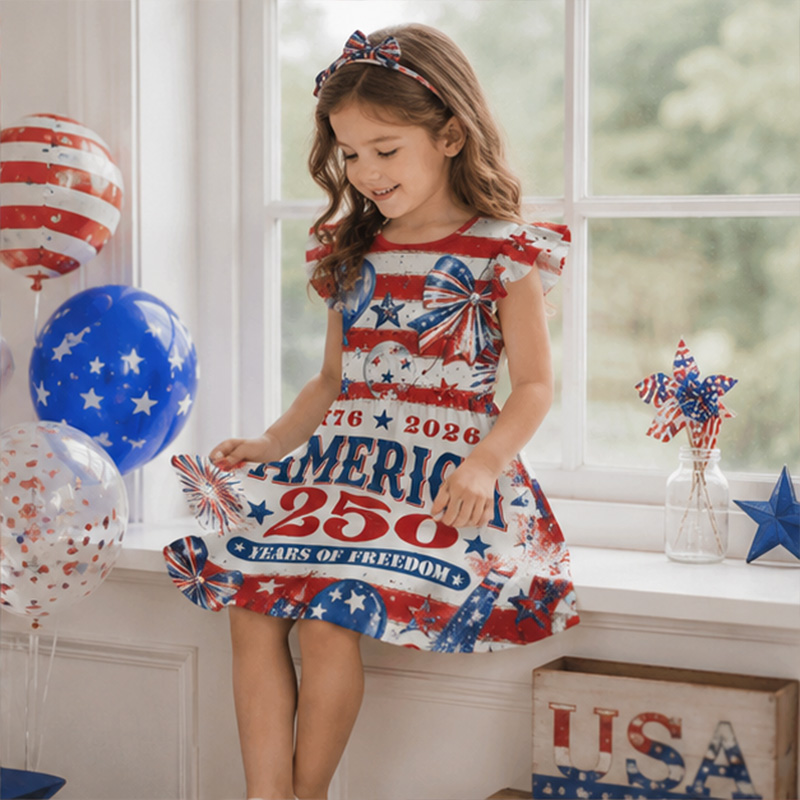 Personalized American Flag Fireworks Land Of The Free Red White Blue Girls Fourth Of July America 250th Anniversary Coquette Ruffle Dress