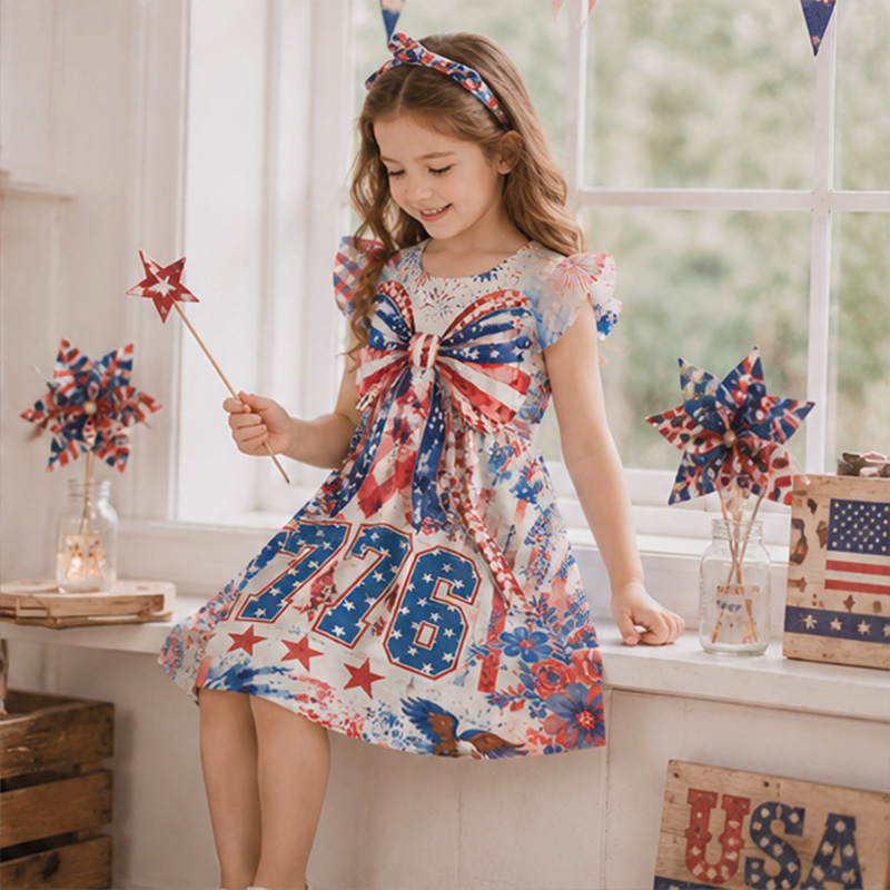 Personalized USA Stars Stripes Fireworks Independence Day Red White Blue Girls Fourth Of July America 250th Anniversary Coquette Ruffle Dress