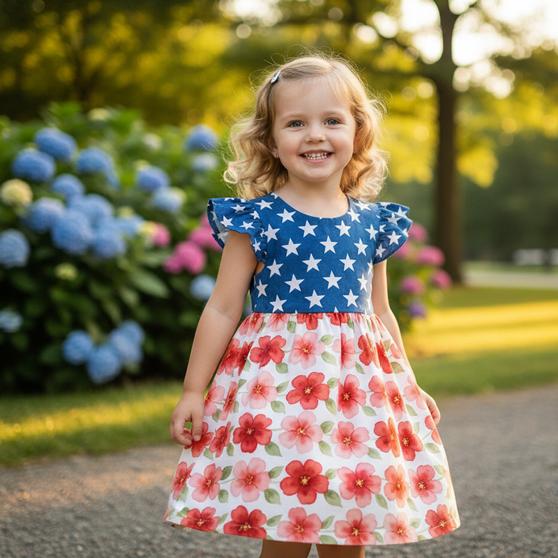 Personalized Stars And Roses USA Flag Inspired Red White Blue Girls Fourth Of July Summer Party Coquette Ruffle Dress