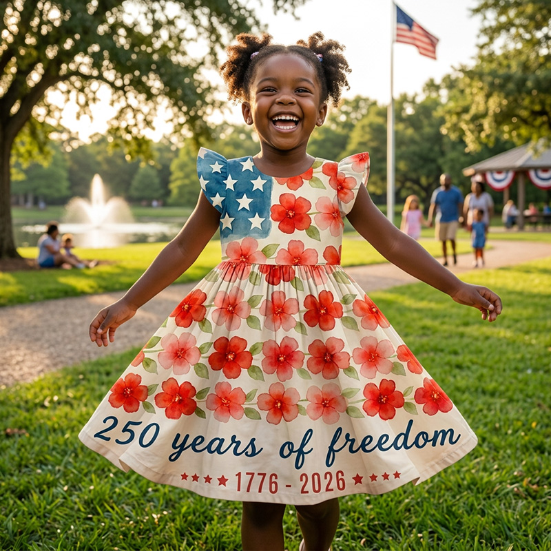 Personalized Patriotic Stars And Daisies USA Anniversary 250 Years Of Freedom Red White Blue Coquette Ruffle Dress
