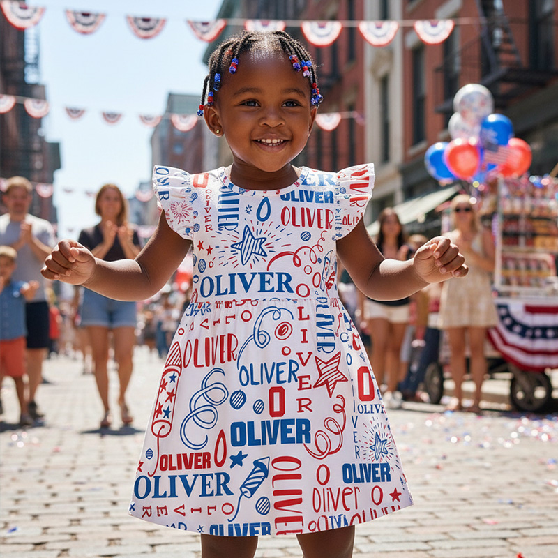 Personalized Red White Blue Fireworks Stars Confetti Name Print USA Fourth Of July Parade Girl Coquette Ruffle Dress