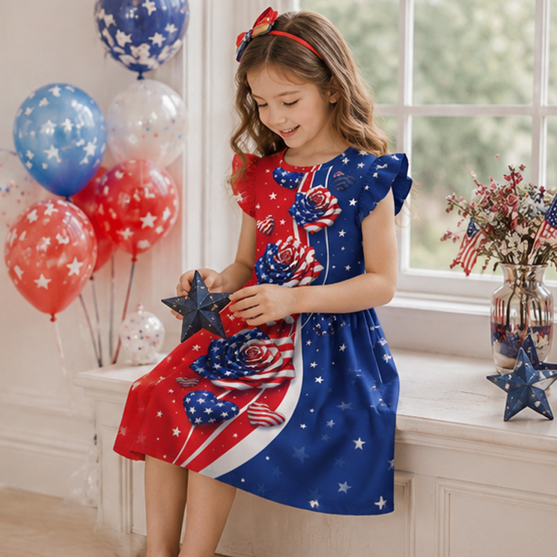 Personalized Split Red And Blue American Flag Fireworks Stars USA Patriotic Girls Fourth Of July Party Coquette Ruffle Dress