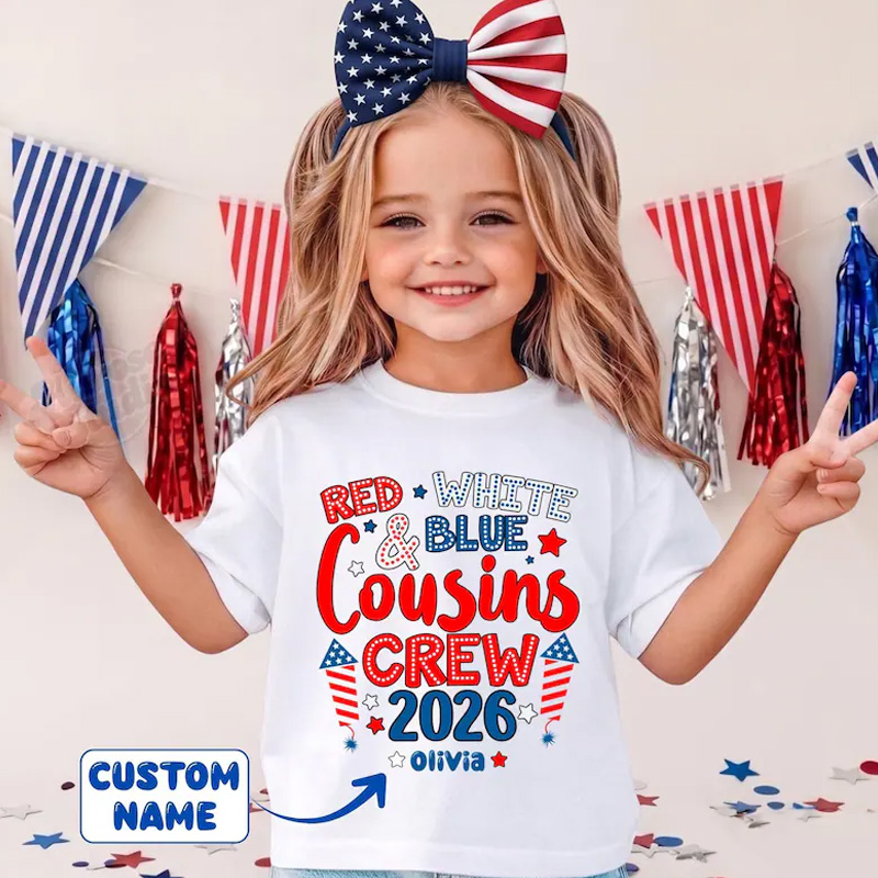 Personalized Red White And Blue Cousins Crew Fourth Of July Matching Patriotic Fireworks Graphic Kids Shirt