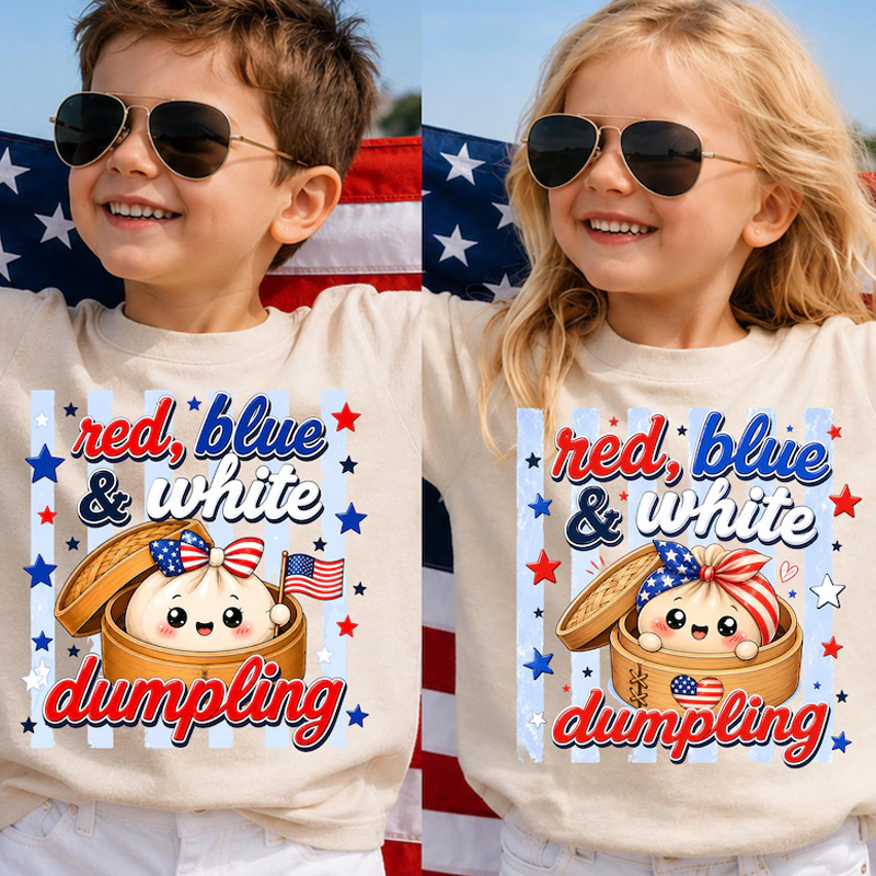 Red Blue And White Dumpling Cute Kawaii Patriotic Fourth Of July Fireworks Stars Graphic Kids Shirt