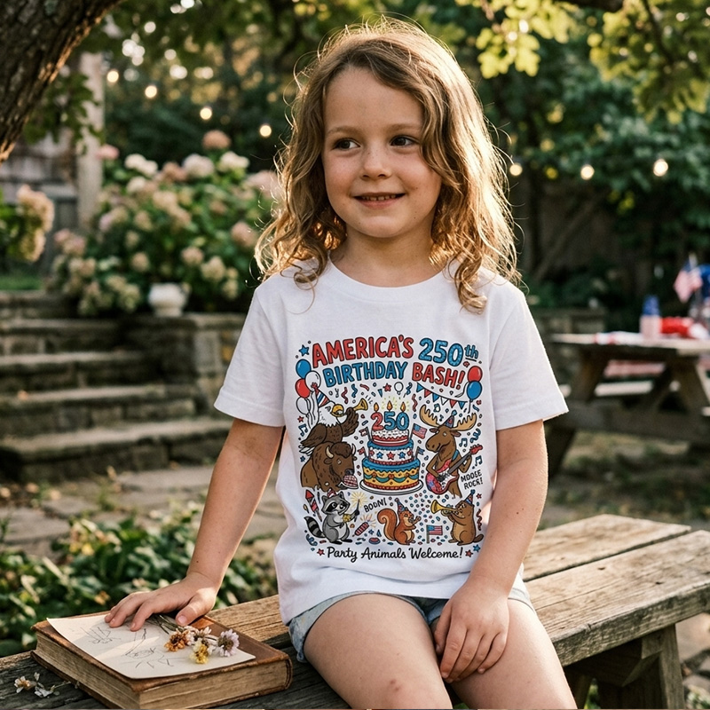 Americas 250th Birthday Bash Animals Fireworks Cake Confetti Cute Patriotic Fourth Of July Celebration Kids Shirt