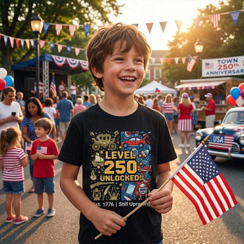 Level 250 Unlocked Retro Gamer Americas 250th Anniversary Patriotic Video Game Controllers Fireworks Kids Shirt