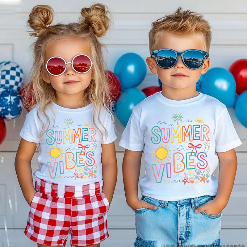 Personalized Colorful Summer Vibes Sunshine Flowers Rainbow Beach Holiday Vacation Playful Typography Graphic Kids Shirt