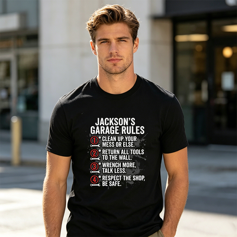 Personalized Garage Rules T-Shirt Custom Workshop Name Tee, Mechanic Garage Owner Gift for Car Lovers