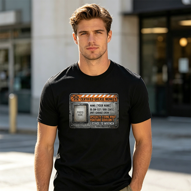 Personalized Certified Grease Monkey Mechanic Tee, Funny Garage Gift for Car Guys Dad