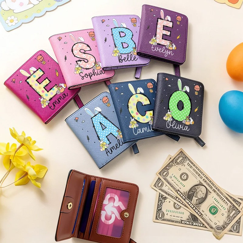 Personalized Easter Bunny Ears Initial PU Leather Wallet with Name Easter Gift for Girls