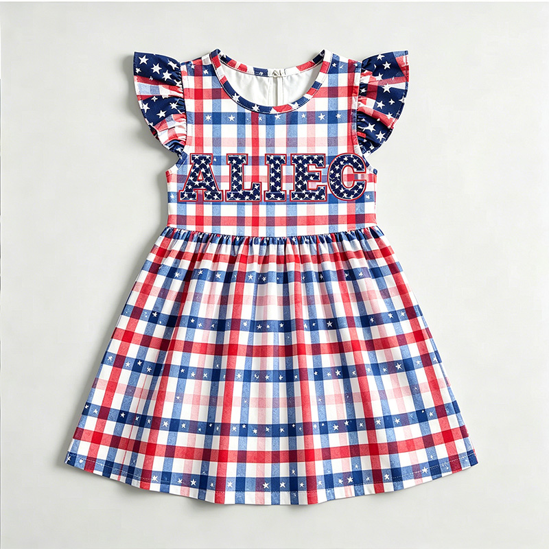 Personalized Patriotic Red White And Blue Check Plaid Fourth Of July Summer Picnic Toddler Girl Outfit Coquette Ruffle Dress