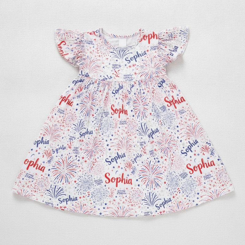 Personalized Red White And Blue Name Script Fireworks Stars Fourth Of July Patriotic Summer Celebration Coquette Ruffle Dress