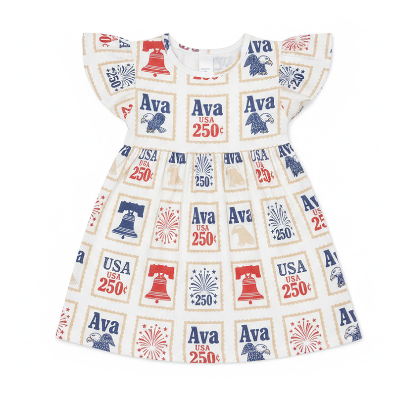 Personalized Patriotic Stamp Print Name Ava 250 Liberty Bell Fireworks Fourth Of July Celebration Coquette Ruffle Dress