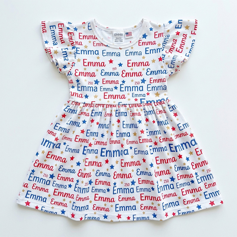Personalized Red White And Blue Name Repeat Land Of The Free Stars Fourth Of July Patriotic Summer Coquette Ruffle Dress