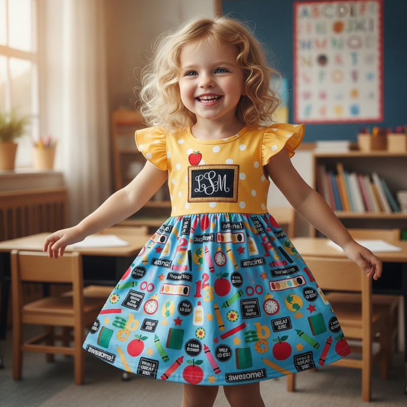 Personalized Back To School Crayon Pencil Alphabet Chalkboard Yellow Polka Dot Colorful Classroom Print Coquette Ruffle Dress
