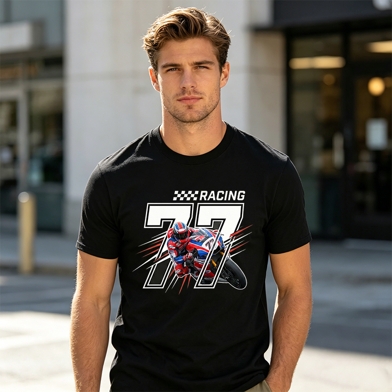 Personalized Number 77 Racing Motorcycle Rider Checkered Flag Graphic Unisex Black Cotton T-Shirt