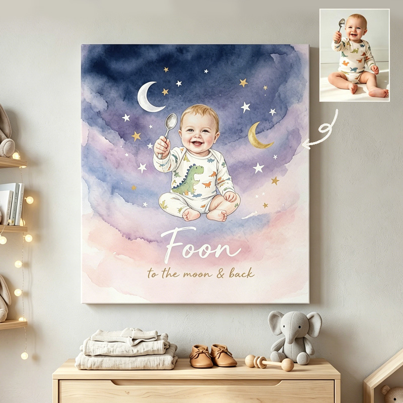 Personalized Baby Nursery Moon And Stars Night Sky Watercolor Portrait Custom Name Quote Photo Framed Canvas Prints