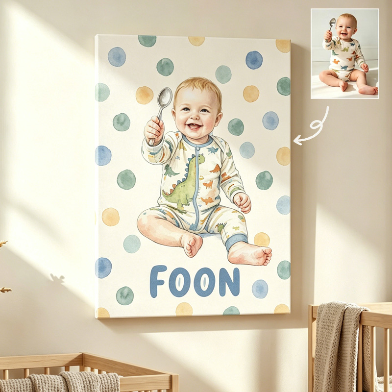 Personalized Baby Neutral Polka Dot Nursery Portrait Custom Name Illustration Keepsake Photo Framed Canvas Prints