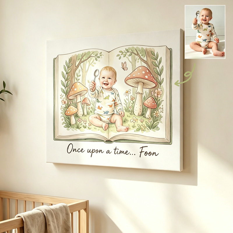 Personalized Fairytale Forest Storybook Nursery Baby Portrait Custom Name Woodland Animals Illustration Photo Framed Canvas Prints