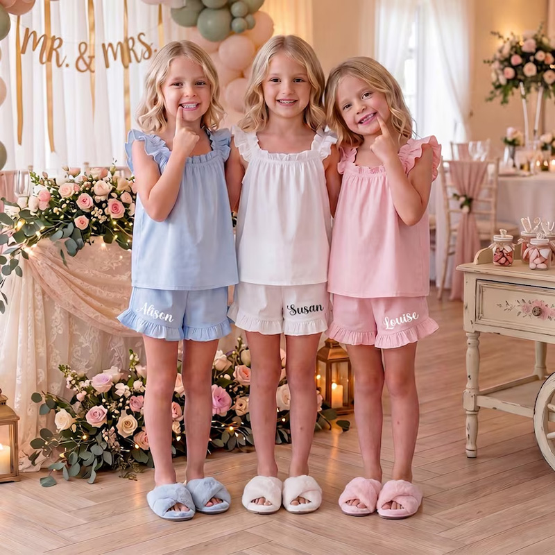Personalized Floral Party Ruffle Top And Shorts Matching Girls Sleepwear Birthday Sleepover Gift Kids Pajamas
