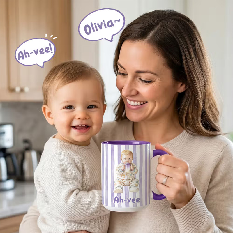 Personalized Baby First Word Mispronunciation Stripes 11 oz Ceramic Mug with Photo Daily Use Birthday Gift for Toddlers New Parents