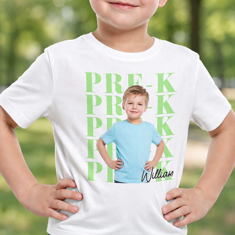 Personalized Kindergarten Grade Repeated Text Back To School Custom Name Photo Tee Cute First Day Kids Shirt