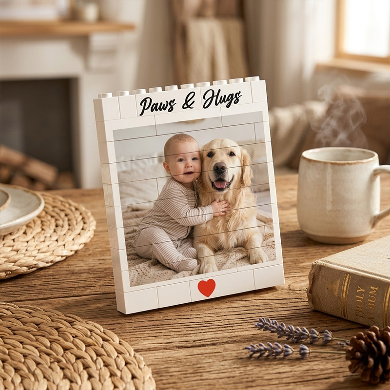 Personalized Baby And Pet Photo Keepsake Custom Name Heart Detail Nursery Decor Gift Photo Building Block Puzzle