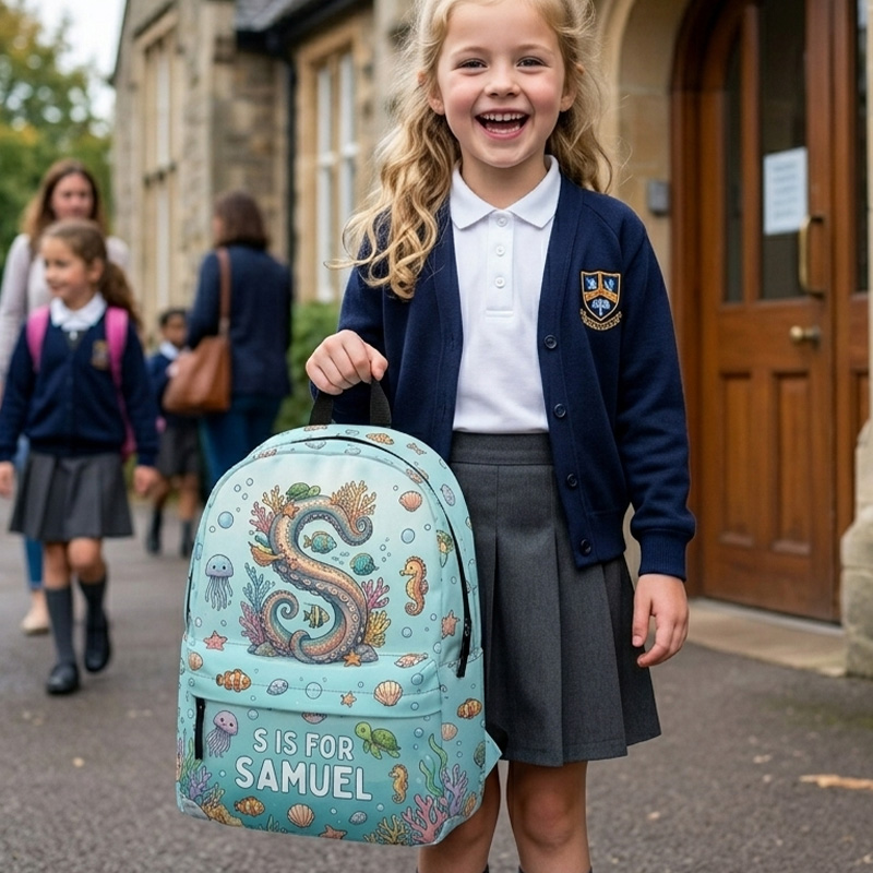 Personalized Under The Sea Initial Kids Backpack Custom Name Ocean Creatures Coral Reef Print School Bag