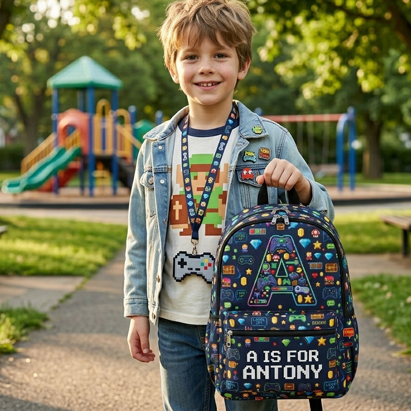 Personalized Gamer Initial Kids Backpack Custom Name Retro Pixel Icons Video Game Pattern Back To School Bag