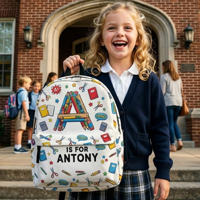 Personalized Back To School Initial Kids Backpack Custom Name Cute Classroom Icons White Print School Bag