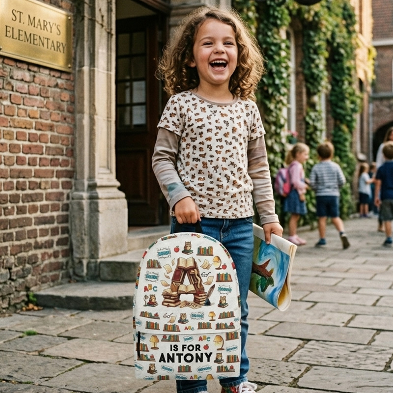 Personalized Book Lover Initial Kids Backpack Custom Name Cute Reading Library Pattern School Bag