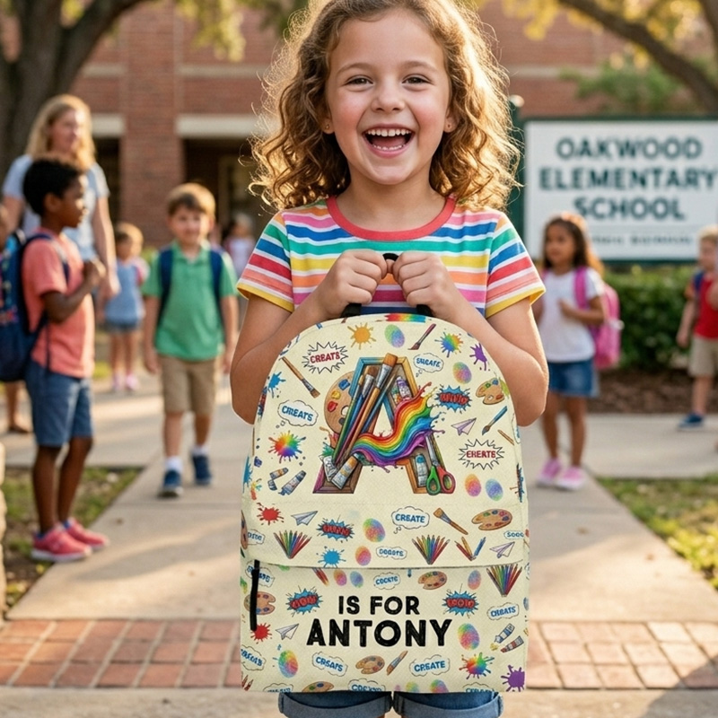 Personalized Art Studio Initial Kids Backpack Custom Name Colorful Paint Brushes Creative Doodle Pattern School Bag