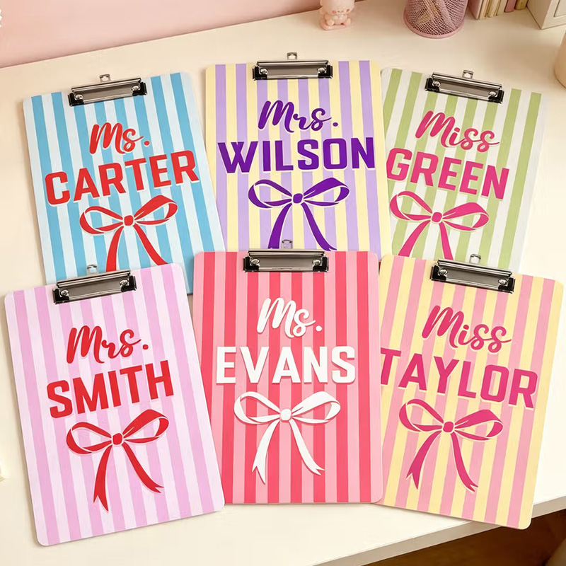 Personalized Bow Striped Portable Clipboard with Title and Surname Teacher's Day Birthday Gift for Teacher