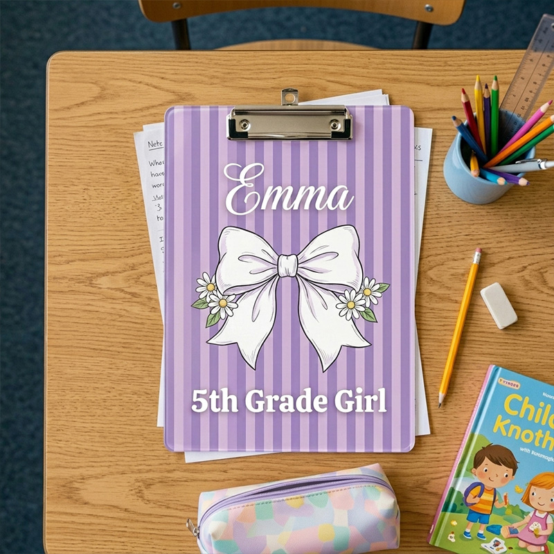 Personalized Lavender Stripe White Bow Name Grade Back To School Pretty Classroom Gift For 5th Grade Girl Children Clipboard