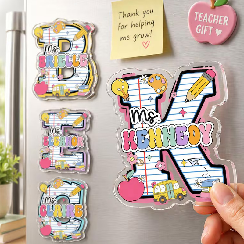 Personalized Colorful Teacher Classroom Doodle Letters Pencil Apple Book Crayon Name Initial Refrigerator Magnets