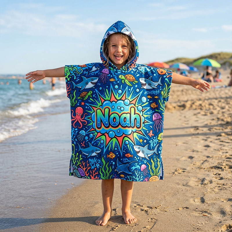 Personalized Colorful Under The Sea Ocean Creatures Seahorse Turtle Fish Coral Reef Print Kids Summer Swim Cover Up Quick Dry Hooded Beach Towel