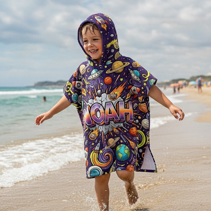 Personalized Colorful Outer Space Planets Stars Rocket Galaxy Universe Print For Little Astronauts Kids Summer Swim Cover Up Quick Dry Hooded Beach Towel