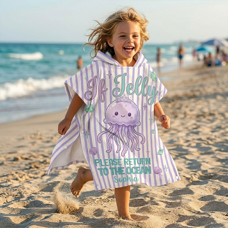 Personalized Cute Jellyfish Ocean Quote Pastel Purple Teal Seashells Striped Beach Design Kids Summer Swim Cover Up Quick Dry Hooded Beach Towel