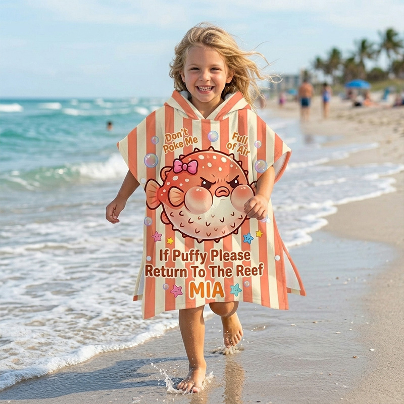 Personalized Cute Crab Ocean Quote Orange Coral Seashells Starfish Striped Beach Design Kids Summer Swim Cover Up Quick Dry Hooded Beach Towel