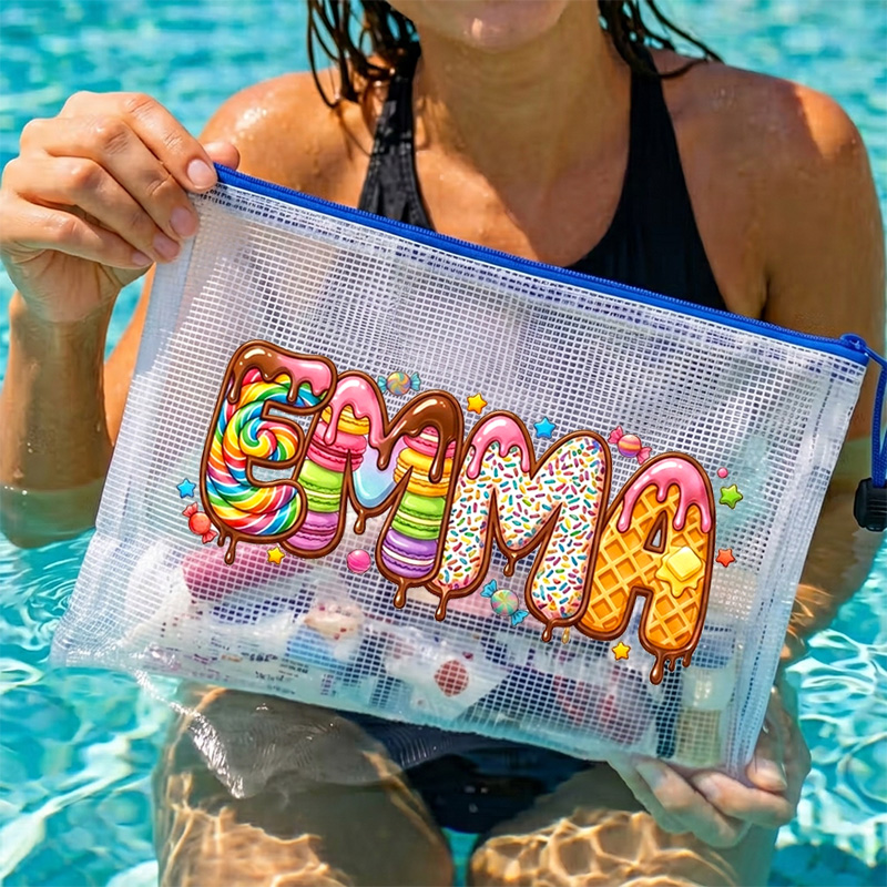 Personalized Summer Beach Vacation Cute Fruit Lemon Watermelon Pineapple Name Bubble Letters Printed Waterproof Sandproof Beach Bag
