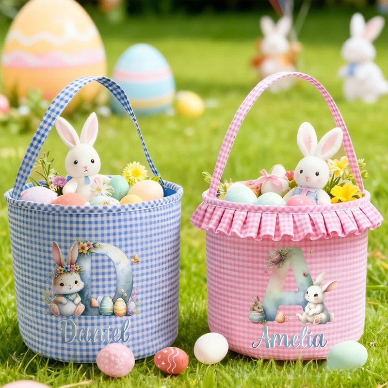 Personalized Cute Bunny Gradient Color Initial Plaid Easter Basket with Name and Ruffles Eggs Hunting Party Easter Gift for Kids